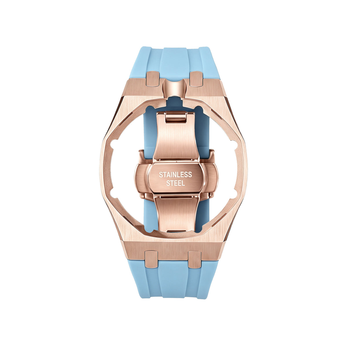 Straps Acero Inoxidable Rose Gold Azul Claro + Logo AP en hebilla