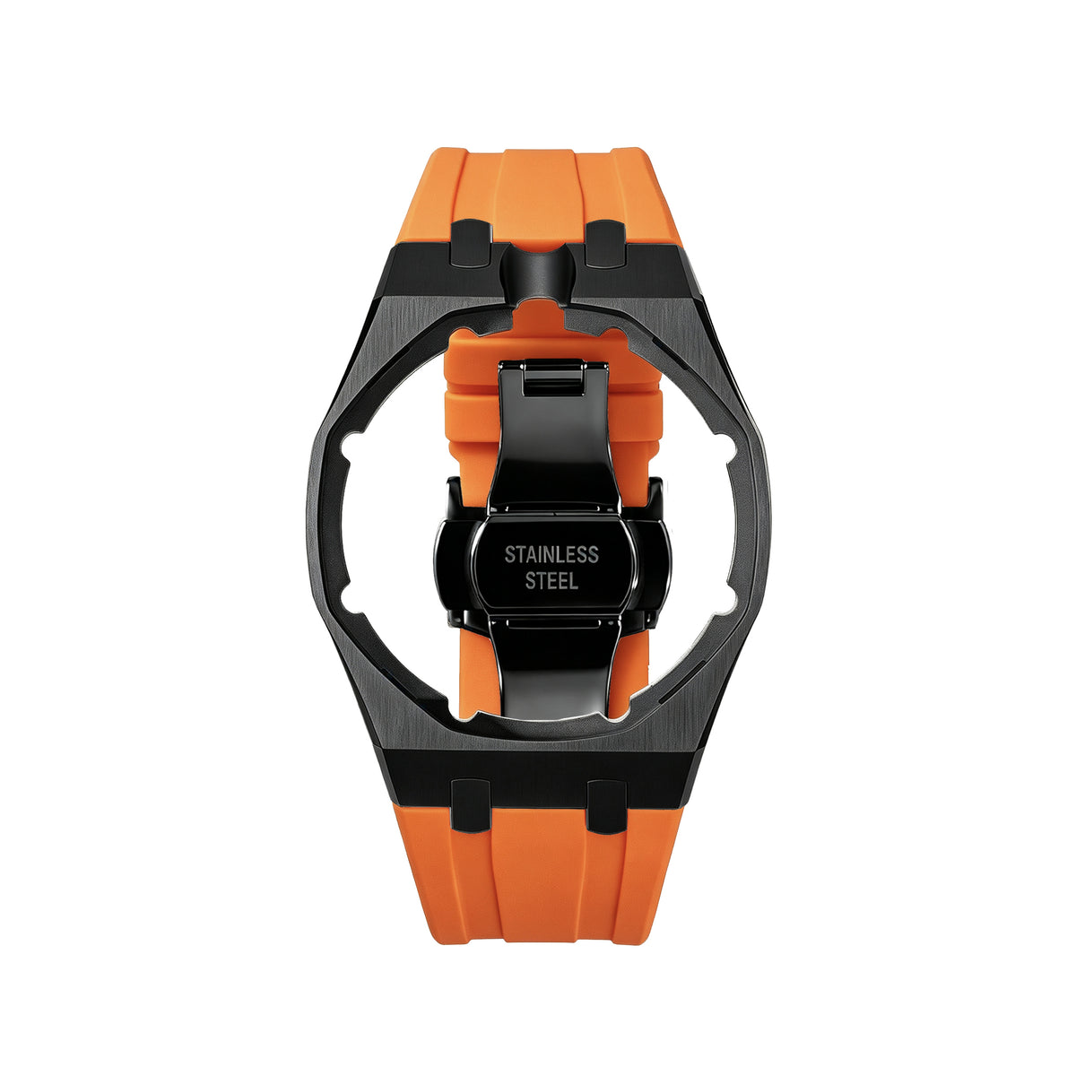 Straps Acero Inoxidable Black Naranja + Logo AP en hebilla