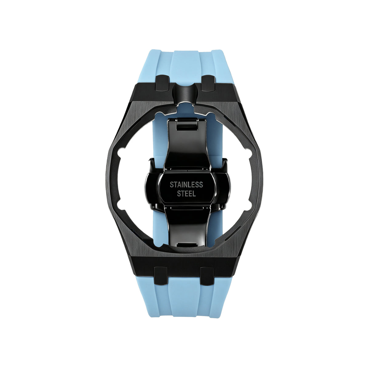 Straps Acero Inoxidable Black Azul Claro + Logo AP en hebilla